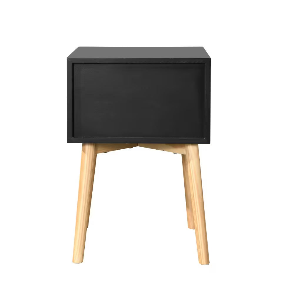 Shopi Vella mid-century modern bedside table with black top and natural wood legs for stylish storage