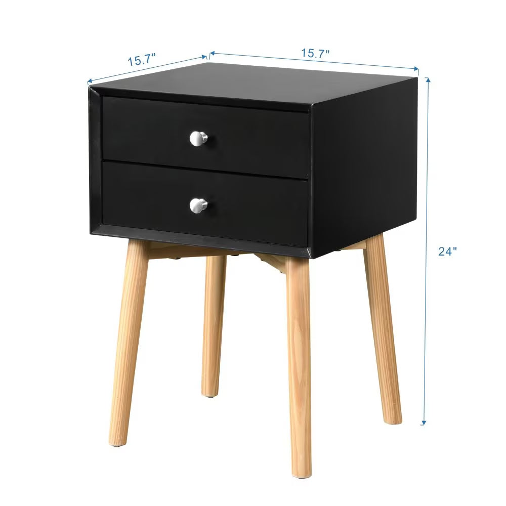 Shopi Vella black mid-century modern bedside table with two drawers and natural wood legs