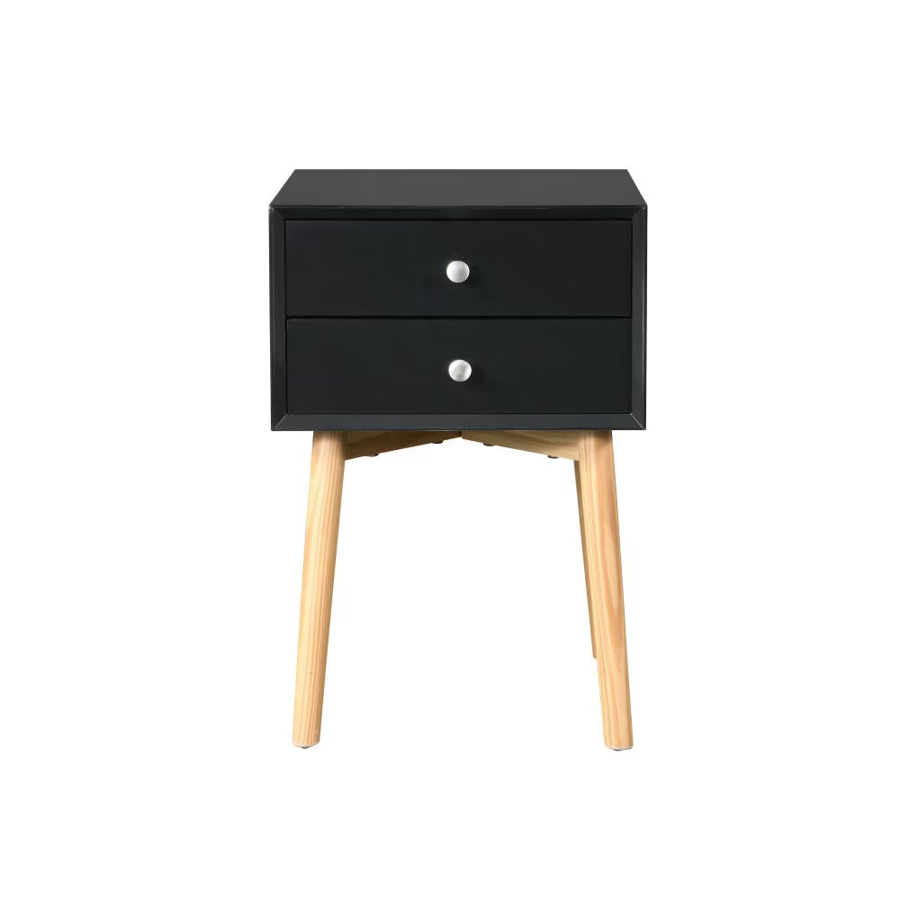 Shopi Vella mid-century modern bedside table with black drawers and natural wood legs