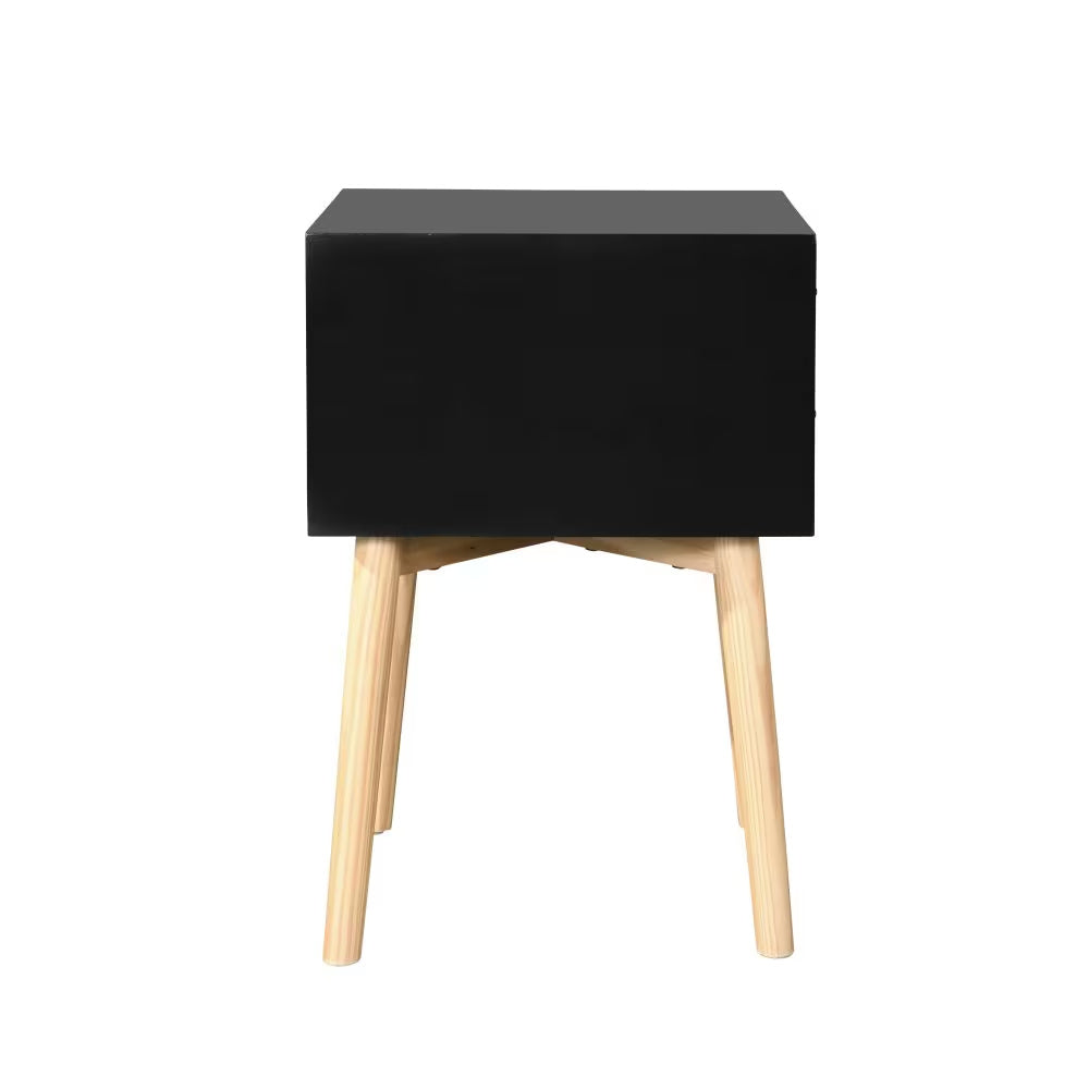 Shopi Vella mid-century modern bedside table with black top and natural wood legs storage unit