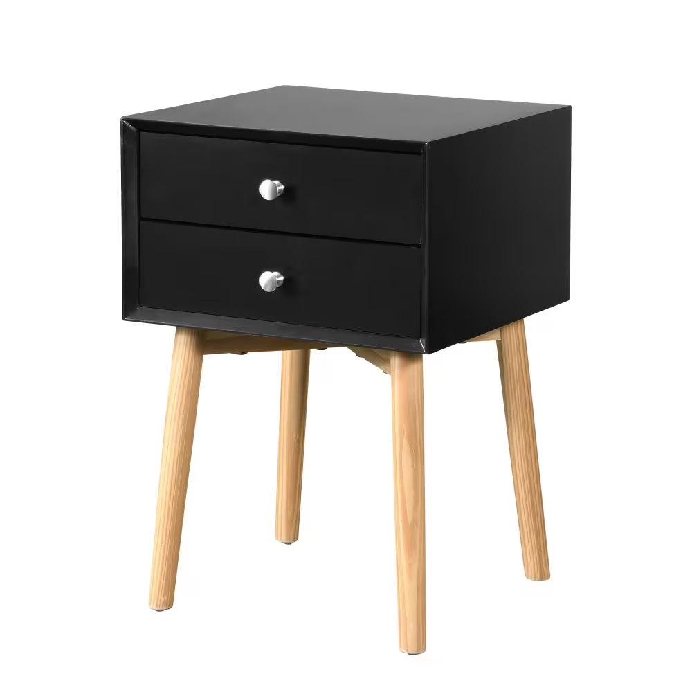 Shopi Vella black mid-century modern bedside table with two drawers and natural wooden legs