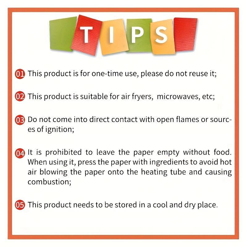 Usage tips for non-stick air fryer paper 100 pack including one-time use and storage instructions