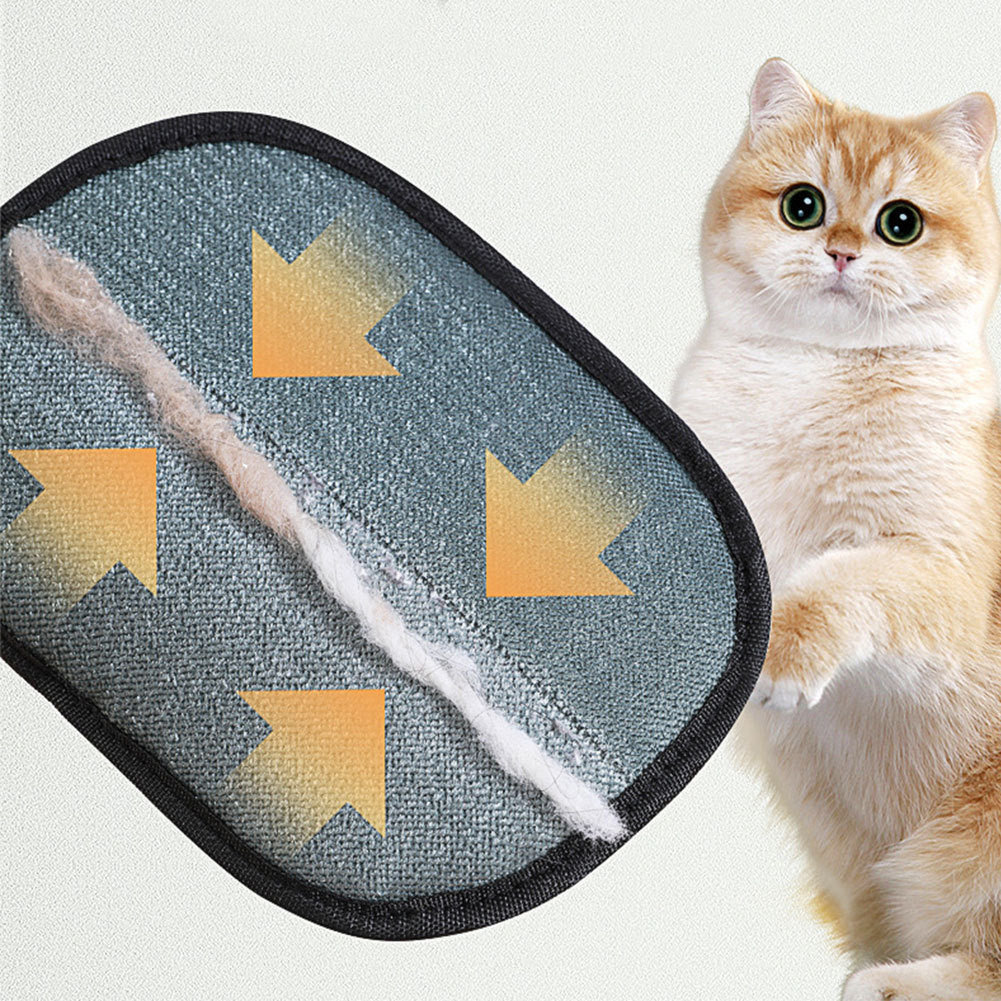 Shopi Vella pet hair remover glove trapping cat fur with orange arrows highlighting hair removal
