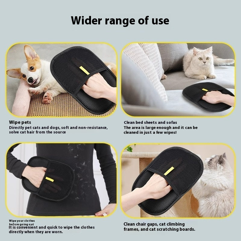Shopi Vella black pet hair remover glove used to clean pet hair from dog, cat, clothes, sofa, and cat scratching boards