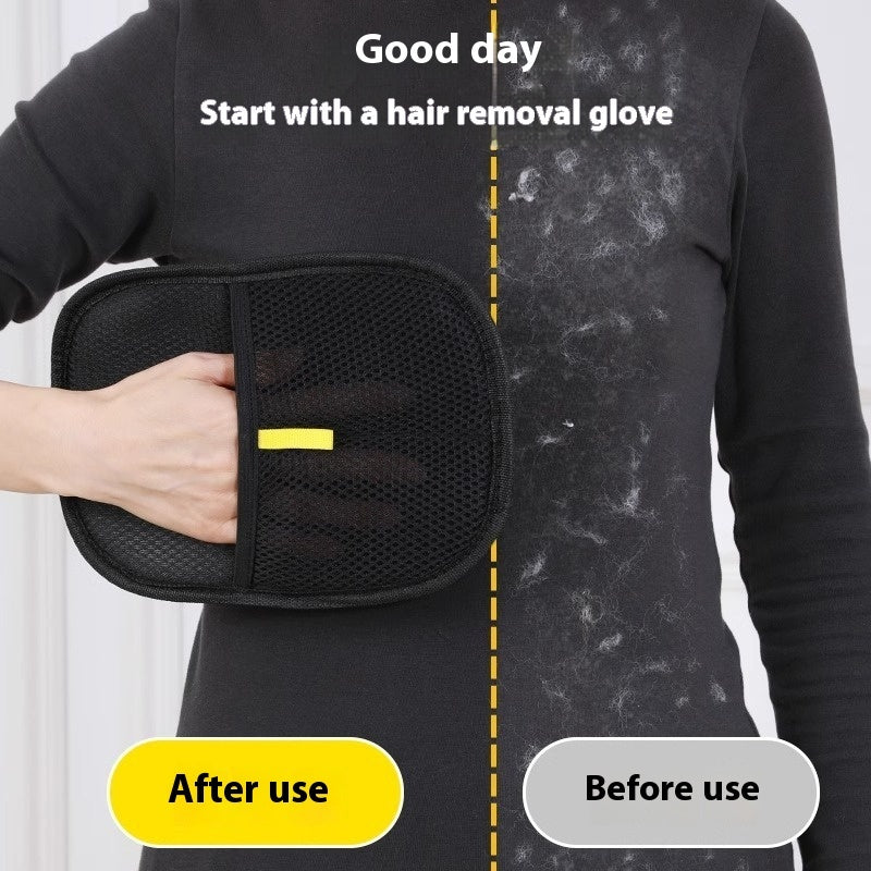 Shopi Vella pet hair remover glove cleaning pet hair from black sweater showing before and after use