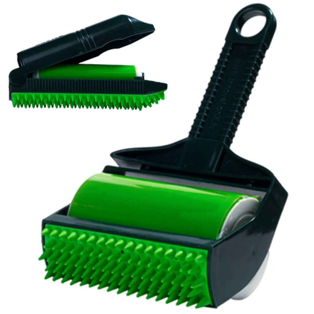 Shopi Vella portable washable hair remover with green silicone bristles and black handle for home storage