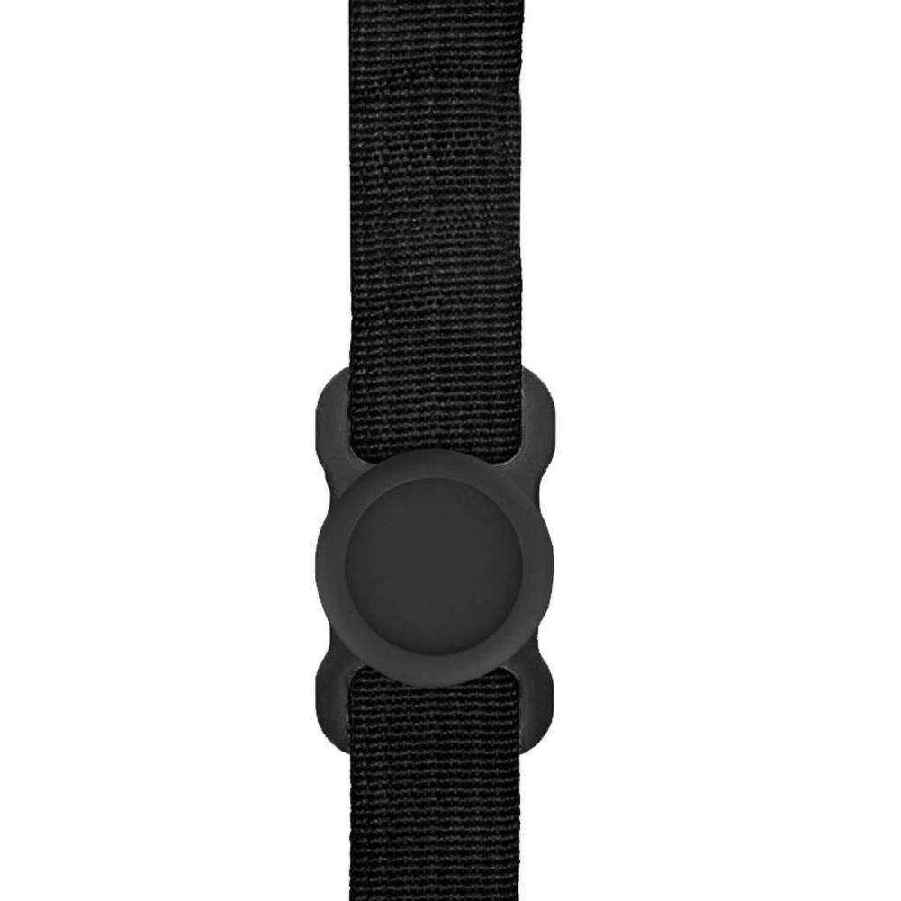 Black silicone dog tracker holder attached to a black adjustable fabric strap for home storage