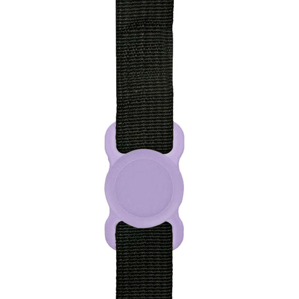 Shopi Vella silicone dog tracker holder in purple attached to a black strap for home storage