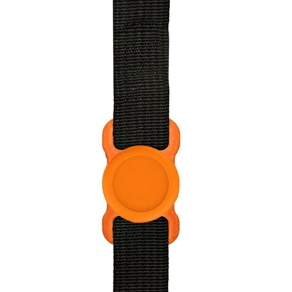 Shopi Vella orange silicone dog tracker holder attached to a black adjustable strap