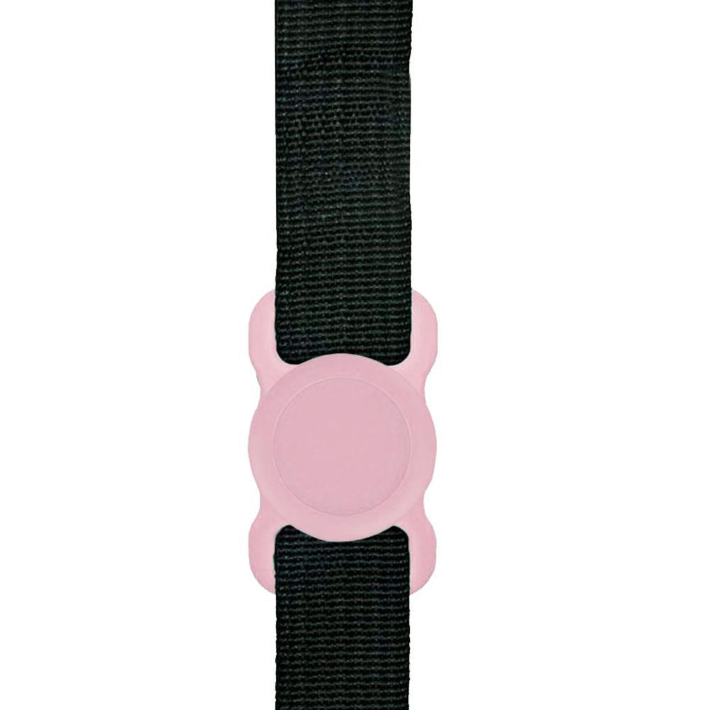 Shopi Vella pink silicone dog tracker holder attached to black pet collar for secure tracking