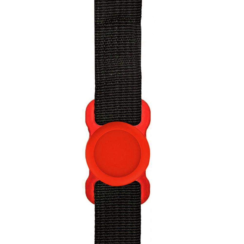 Red silicone dog tracker holder attached to black pet collar for secure tracking device storage