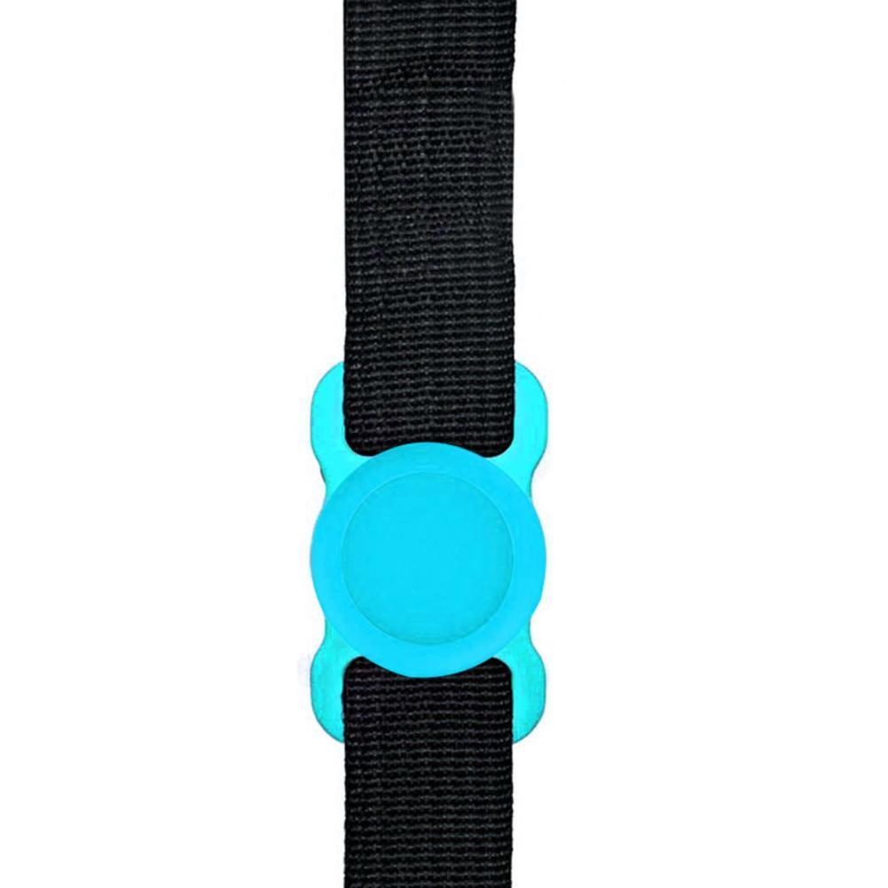 Shopi Vella silicone dog tracker holder in blue attached to black adjustable strap for pet tracking