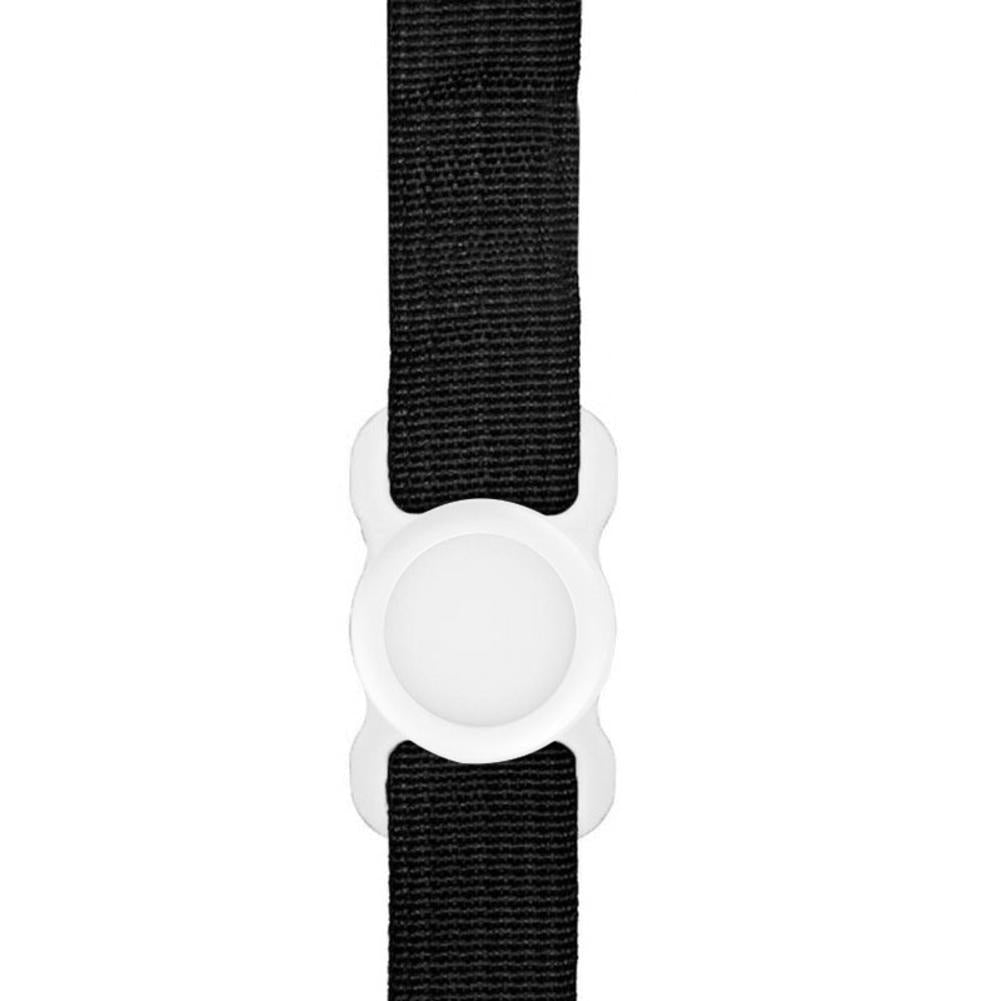 Shopi Vella white silicone dog tracker holder attached to black adjustable dog collar strap