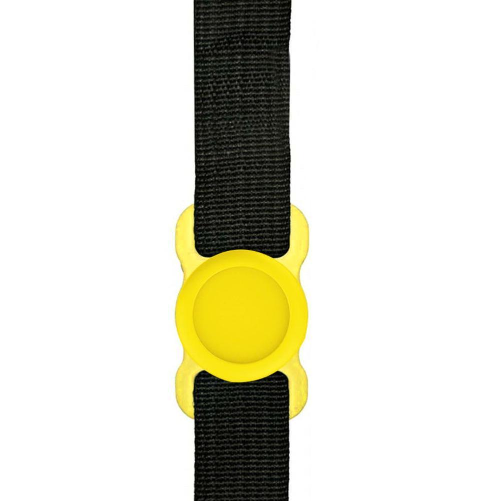Yellow silicone dog tracker holder attached to a black pet collar for secure tracking
