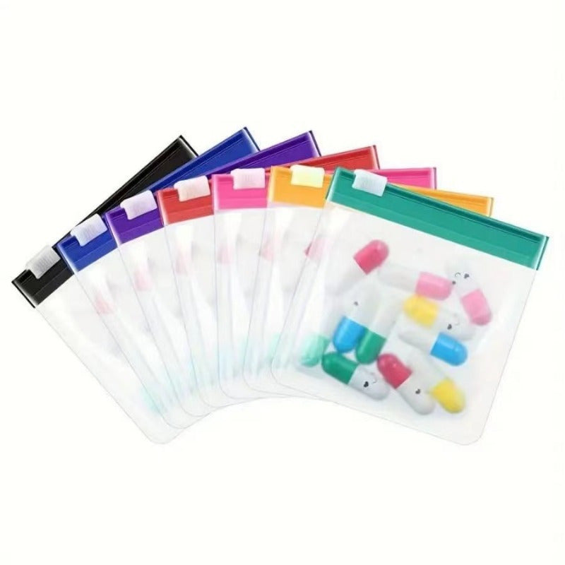 Shopi Vella clear plastic split bag drug organizer for travel with colorful zip tops holding pills