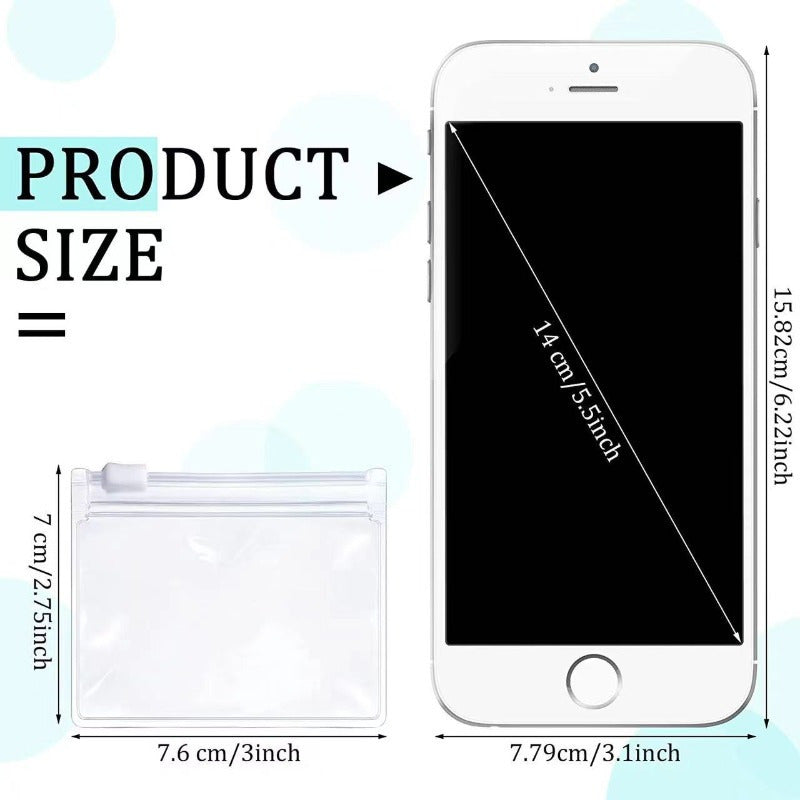 Transparent split bag drug organizer for travel shown next to a white smartphone for size comparison