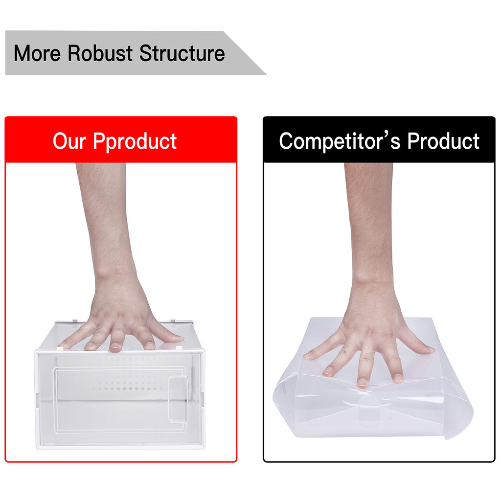 Comparison showing Shopi Vella stackable shoe storage boxes with a robust structure versus a competitor’s flexible shoe box