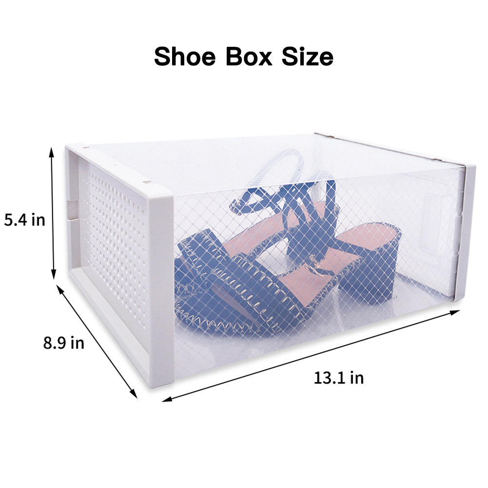 Shopi Vella stackable shoe storage boxes with clear front and white sides showing shoe dimensions