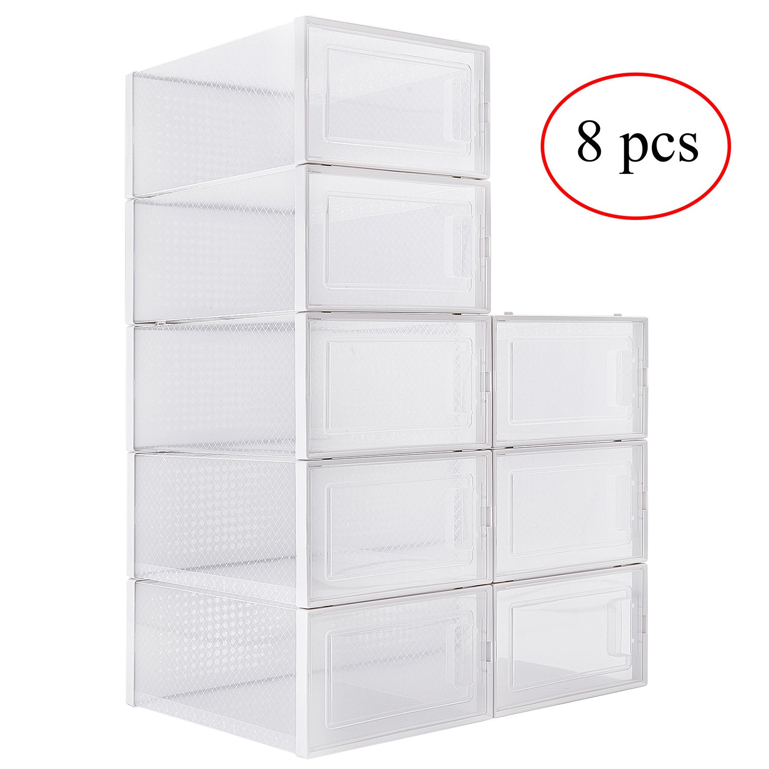Shopi Vella set of 8 white stackable shoe storage boxes with transparent doors for organized footwear