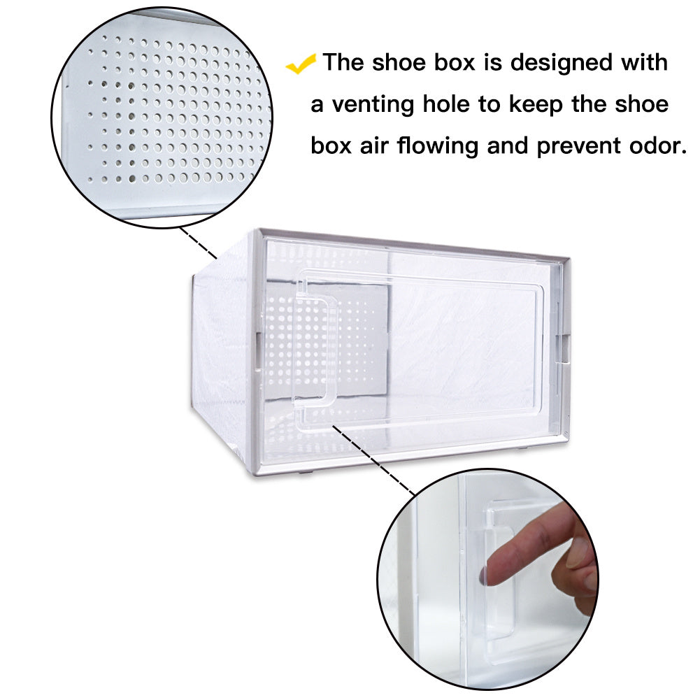 Shopi Vella stackable shoe storage boxes with venting holes for airflow and easy front access