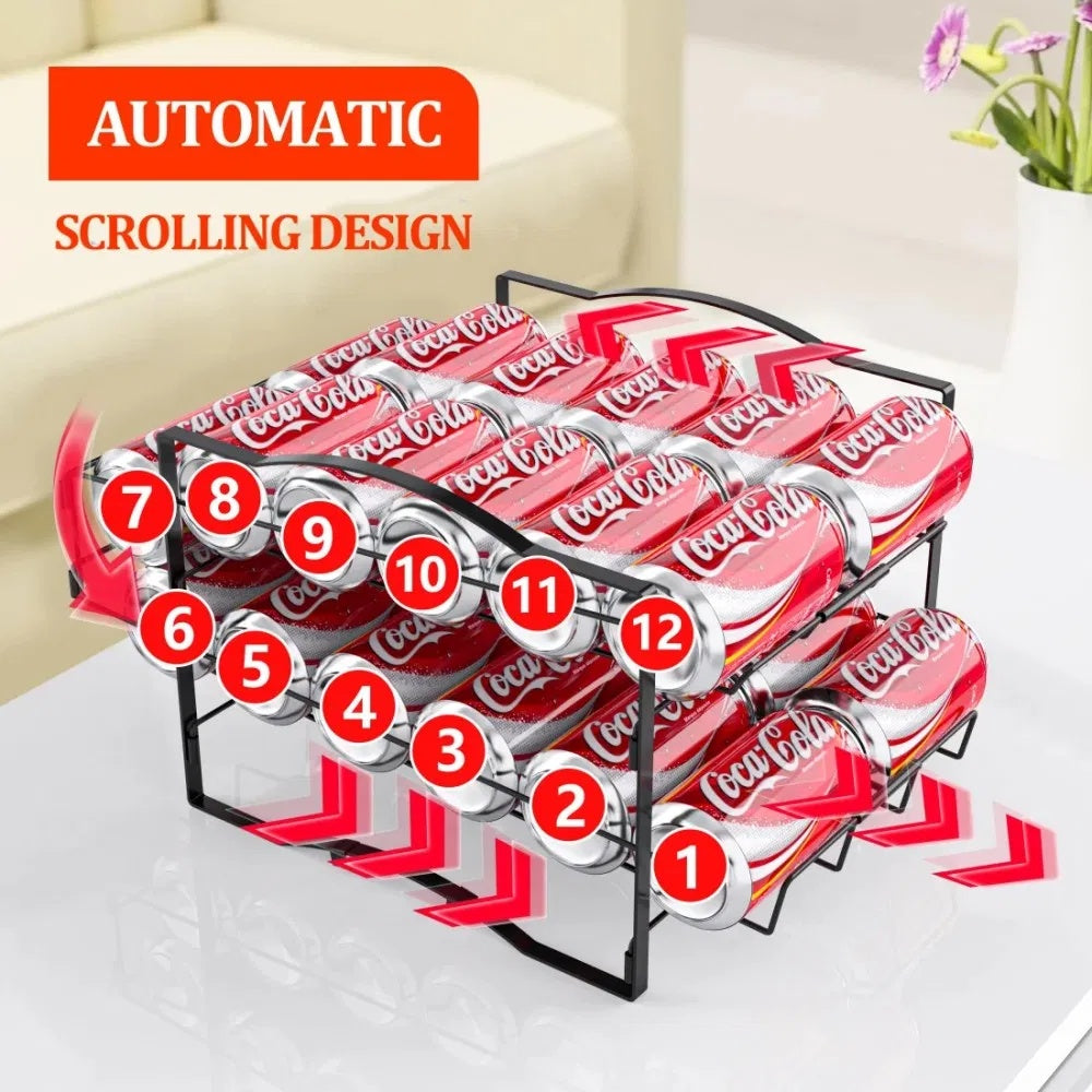 Shopi Vella stackable soda can dispenser with automatic scrolling design holding multiple Coca-Cola cans