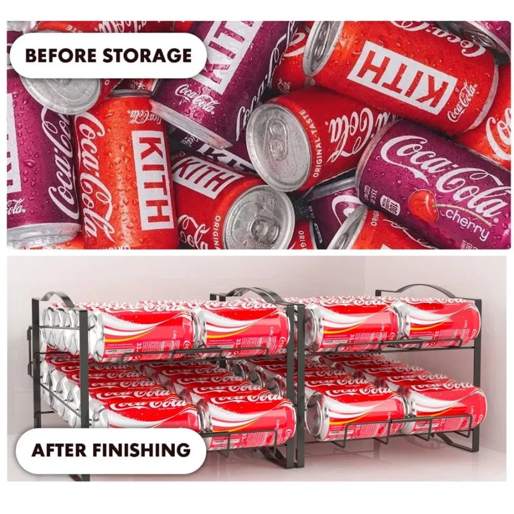 Shopi Vella stackable soda can dispenser organizing red soda cans in metal racks for easy storage