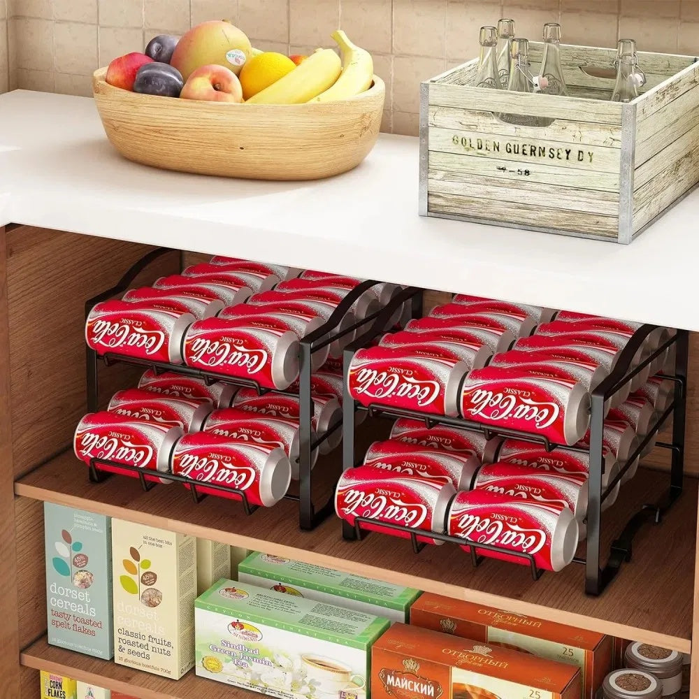 Shopi Vella stackable soda can dispenser holding multiple Coca-Cola cans on a kitchen shelf
