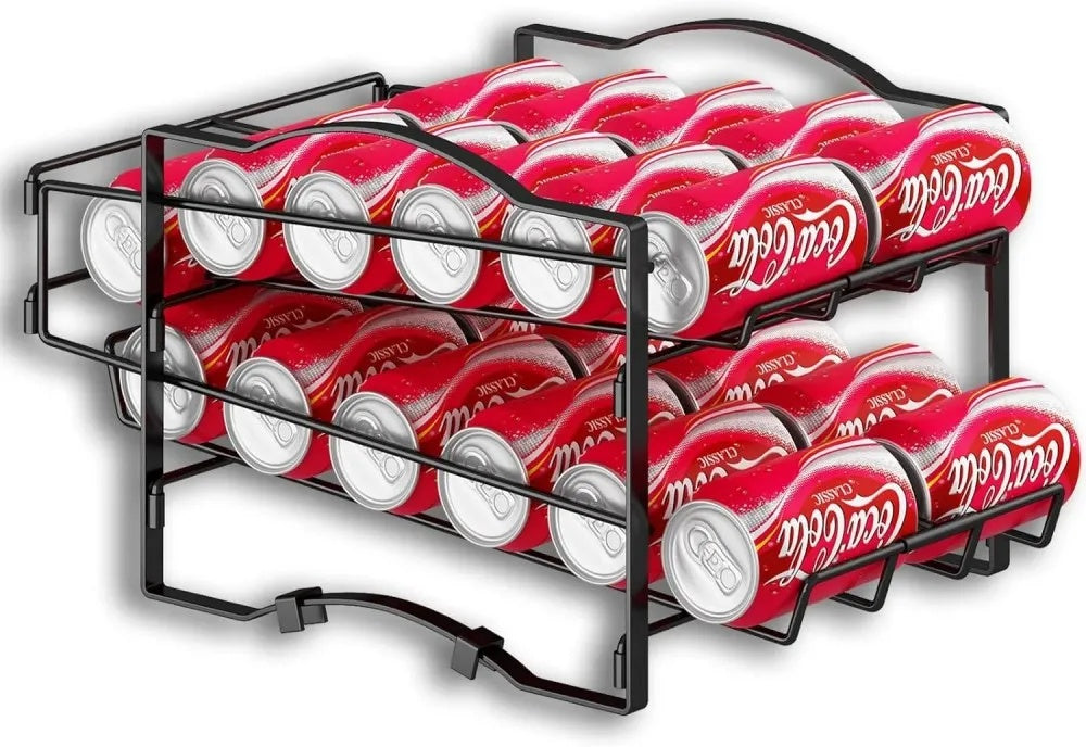 Shopi Vella stackable soda can dispenser with two-tier metal frame holding red Coca-Cola cans