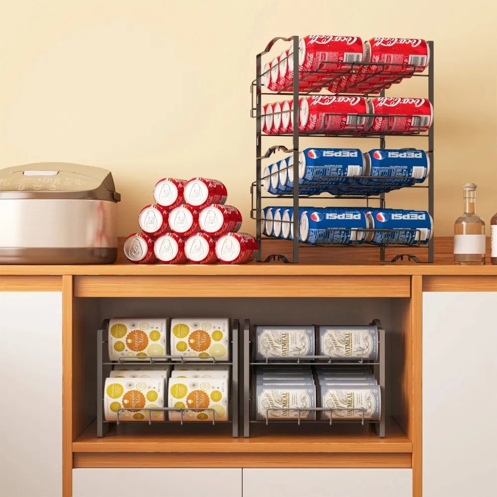 Shopi Vella stackable soda can dispenser holding red and blue soda cans on kitchen counter and inside cabinet