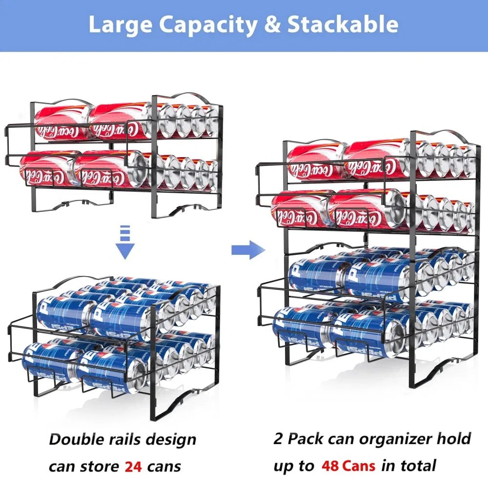 Shopi Vella stackable soda can dispenser with double rails design holding up to 48 cans in black metal frame