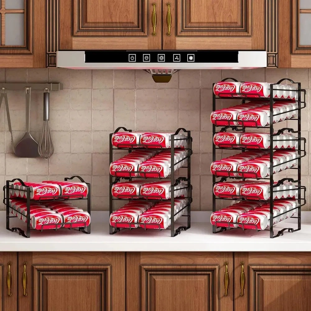 Shopi Vella stackable soda can dispenser in three sizes holding multiple soda cans on kitchen counter