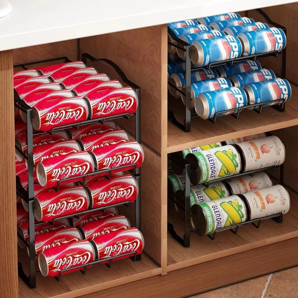 Shopi Vella stackable soda can dispenser holding Coke and Pepsi cans neatly organized in wooden cabinet