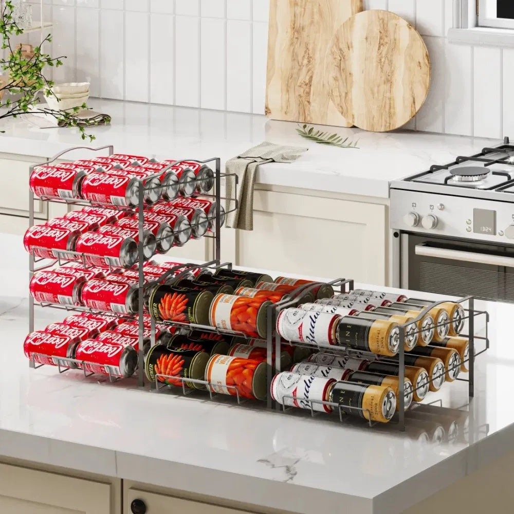 Shopi Vella stackable soda can dispenser holding multiple soda cans neatly on a kitchen countertop