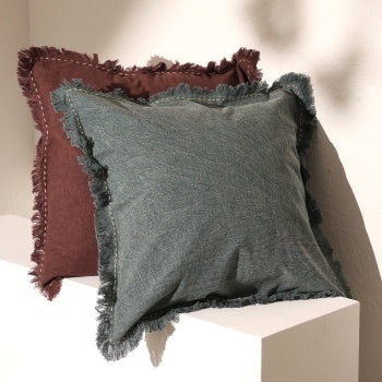 Shopi Vella stonewashed linen throw pillow case with fringed edges in green and brown colors