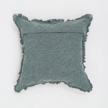 Shopi Vella stonewashed linen throw pillow case in muted teal with fringed edges and textured fabric