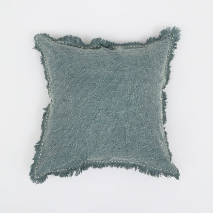 Shopi Vella stonewashed linen throw pillow case in soft blue with fringed edges