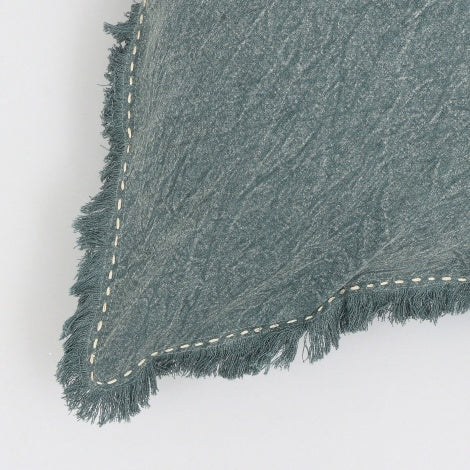 Shopi Vella stonewashed linen throw pillow case with textured fabric and fringed edges in blue