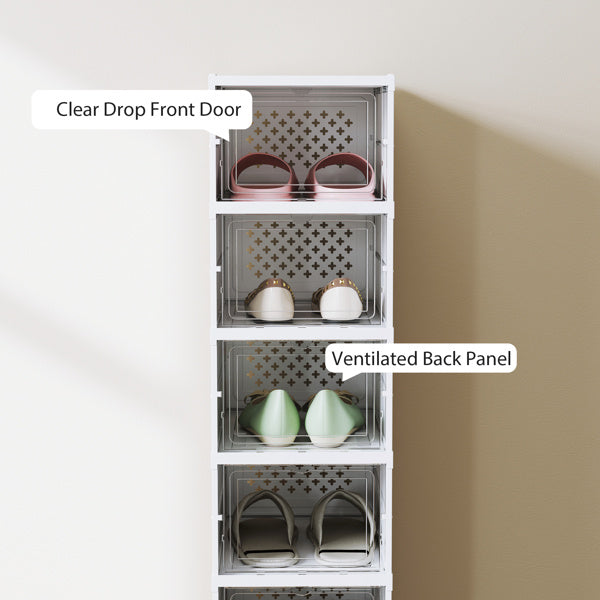 Shopi Vella tall shoe storage rack with clear drop front doors and ventilated back panels holding multiple pairs of shoes