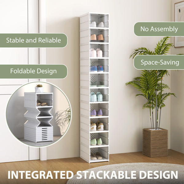 Shopi Vella tall shoe storage rack with foldable, stackable design and no assembly required in white