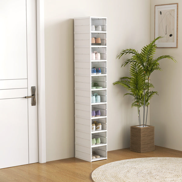 Shopi Vella tall shoe storage rack in white with ten shelves holding various shoes in a modern room