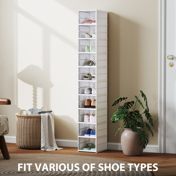 Shopi Vella tall shoe storage rack in white with multiple shelves holding various shoe types in a modern room