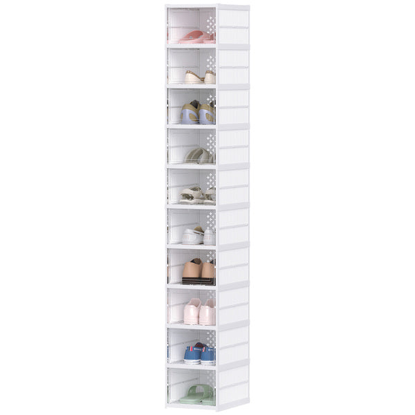 Shopi Vella tall shoe storage rack with multiple compartments holding various pairs of shoes