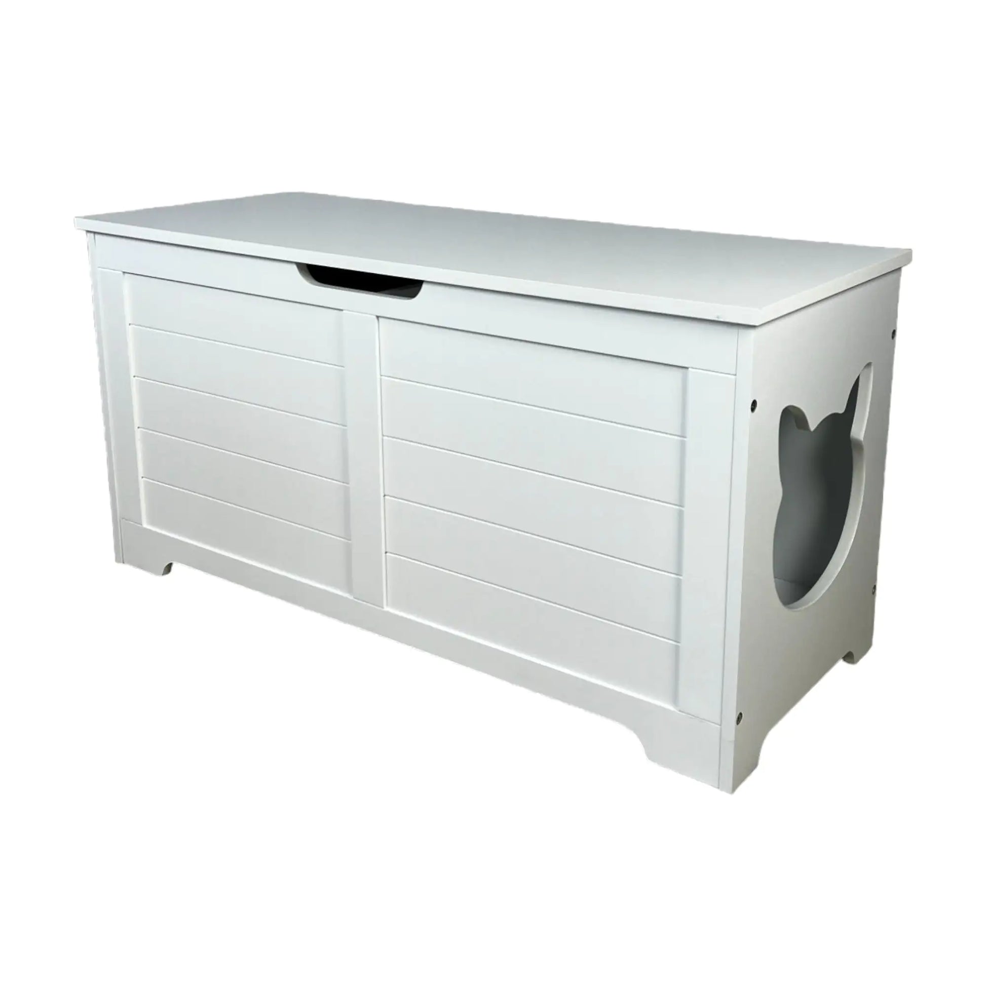 White wooden top open litter box furniture with cat-shaped side opening and storage bench design