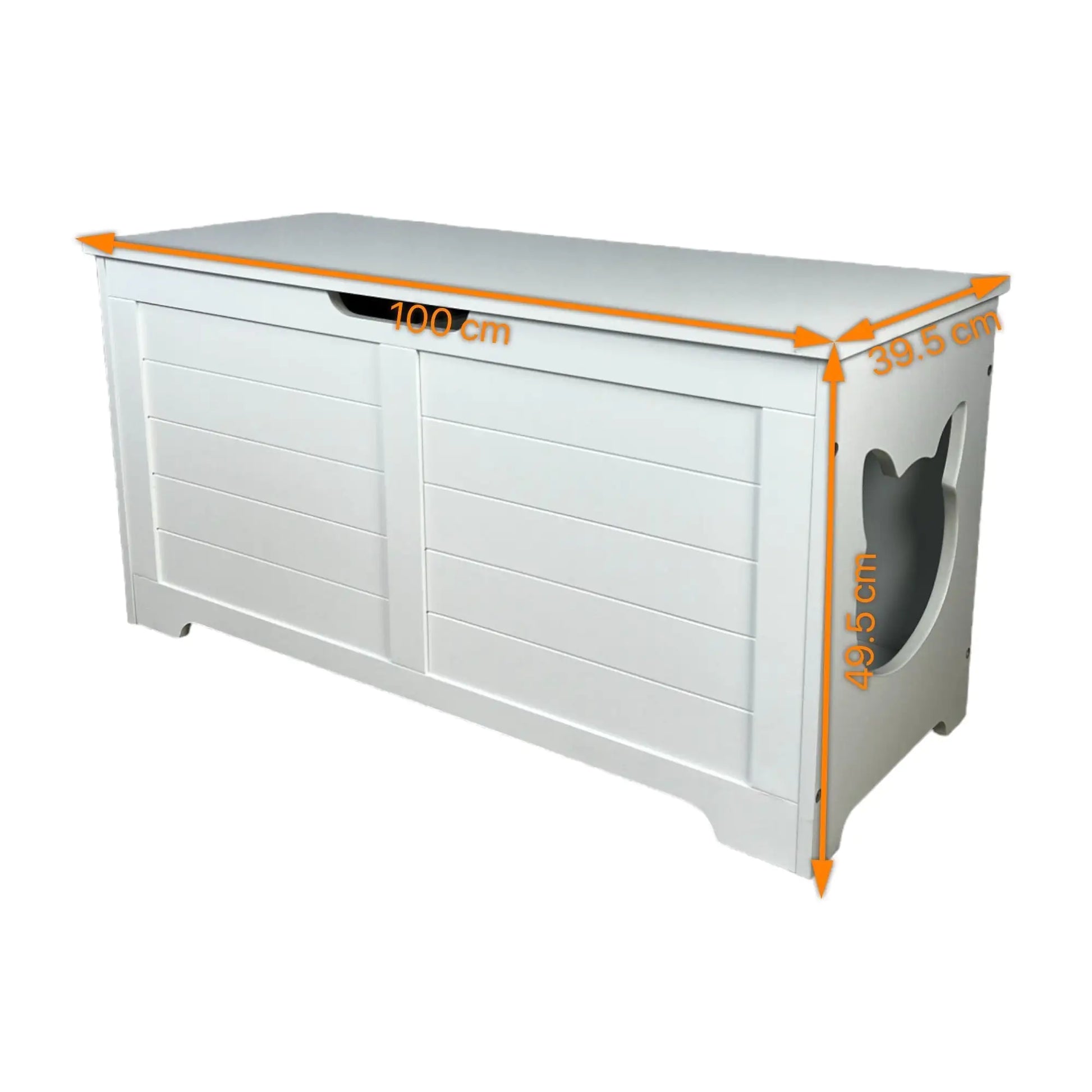 White top open litter box furniture with cat-shaped side entry and measuring dimensions