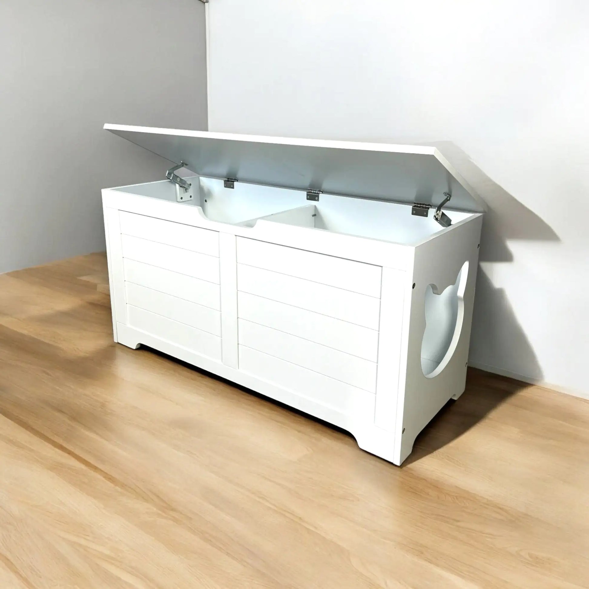 White top open litter box furniture with hinged lid and side cutout for easy cat access