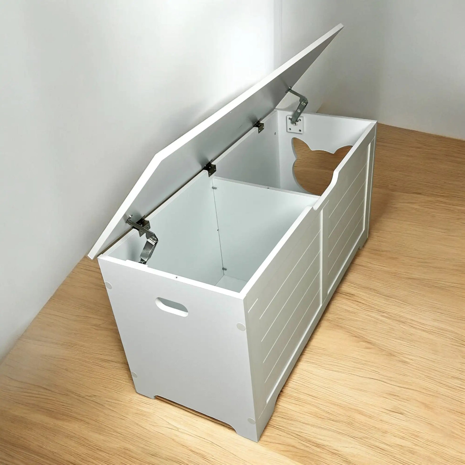 White wooden top open litter box furniture with cat-shaped entrance and hinged lid for easy access