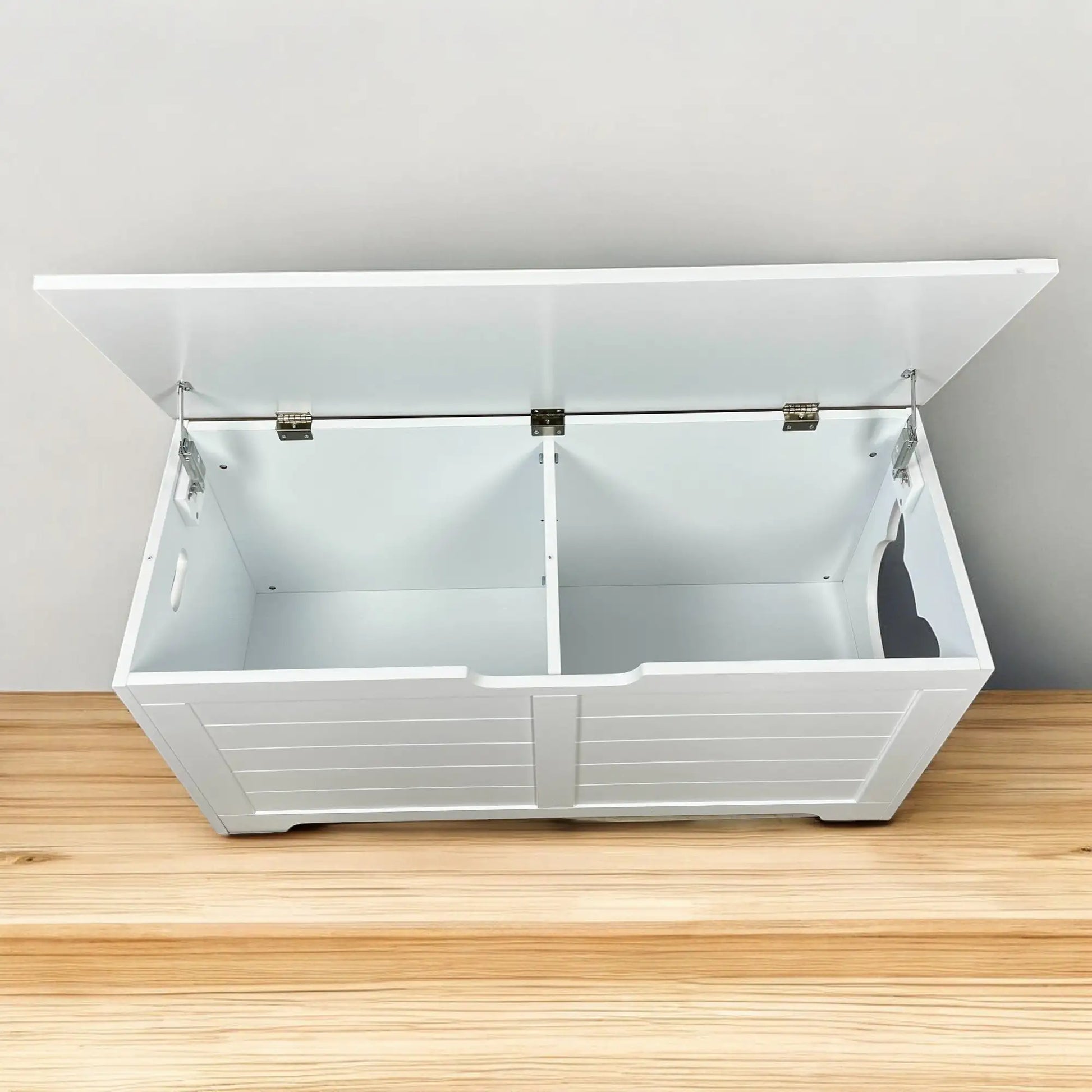 White top open litter box furniture with dual compartments and hinged lid on wooden surface