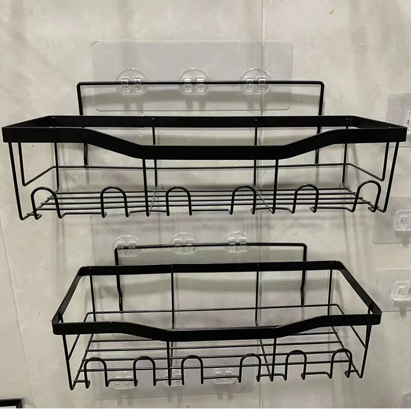 Black metal wall-mounted shower storage rack with hooks for bathroom organization