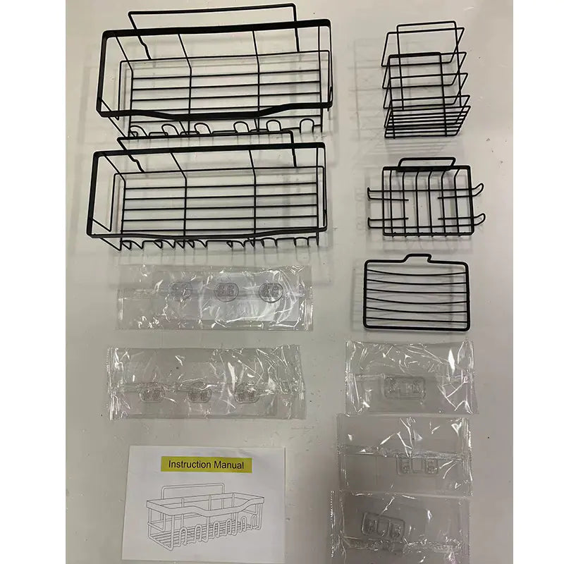 Black metal wall-mounted shower storage rack with multiple wire baskets and hooks including instruction manual