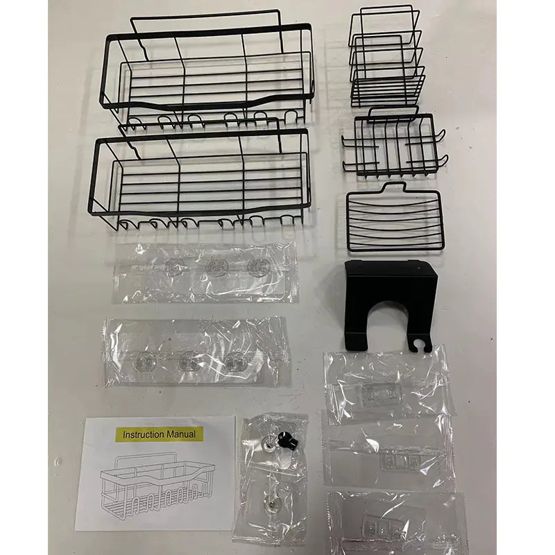 Black wall-mounted shower storage rack set with multiple wire baskets and installation accessories